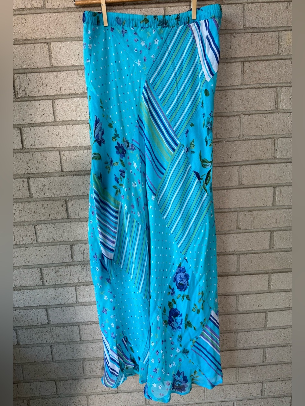 Vintage Ali Miles Turquoise Blue Floral Stripe Patchwork Maxi Skirt Small